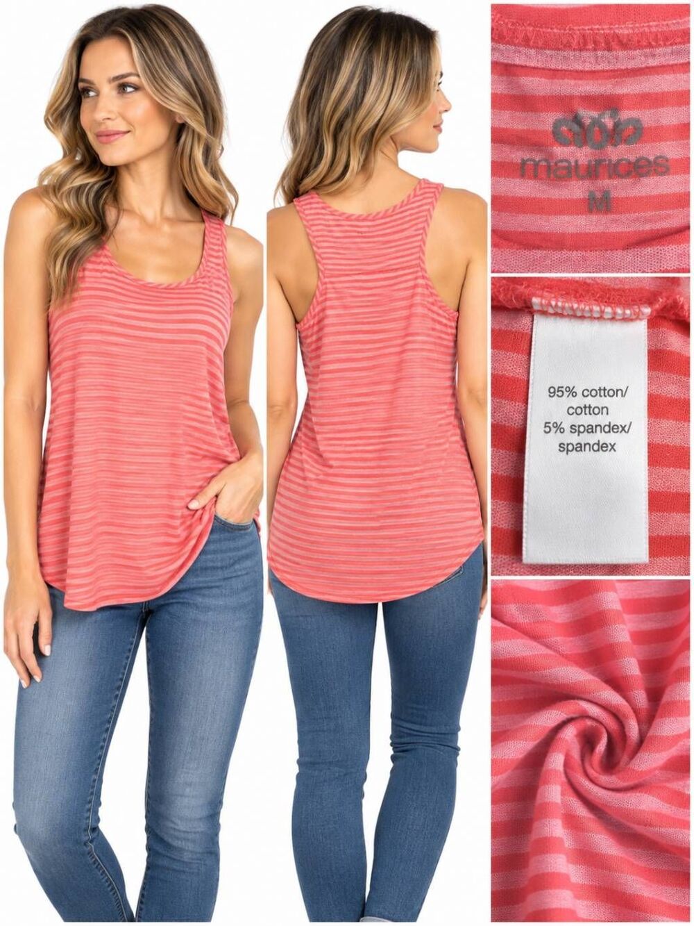 Maurices Coral Pink Striped Tank Top M Lightweight Racerback Casual Summer
